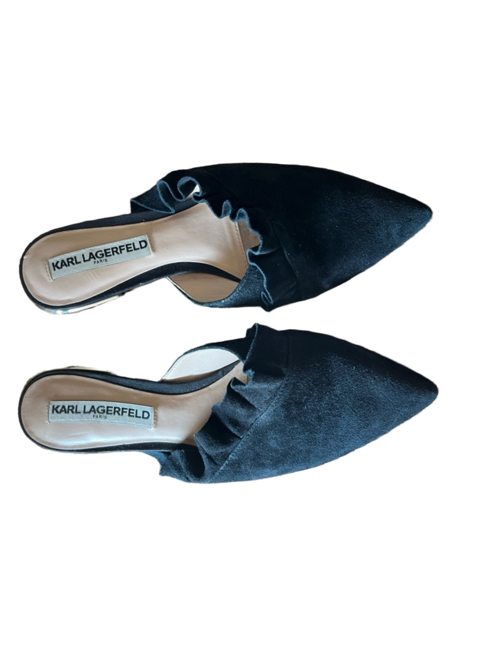 Karl Lagerfeld Farrah Black Suede Ruffle Mules Pointed Toe Size 6